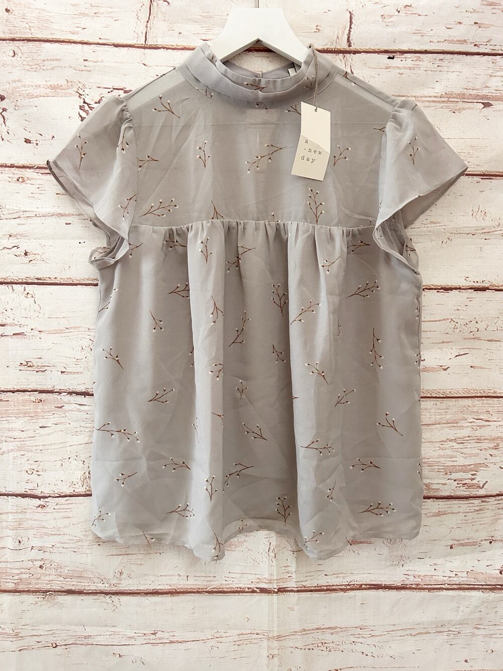 A NEW DAY Grey Floral Embroidered Mock Neck Short Sleeve Babydoll Blouse NWT S
